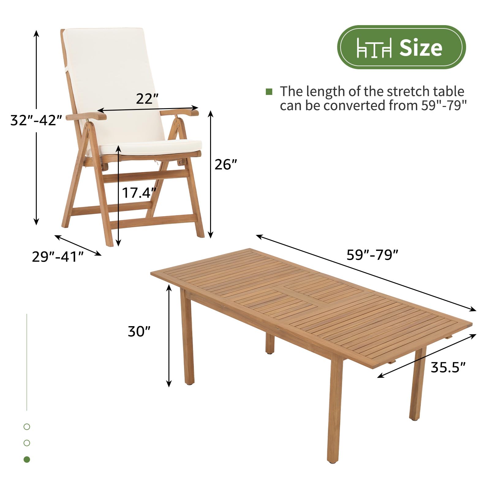 OC Orange-Casual 7 Piece Patio Dining Set, Outdoor Acacia Wood Furniture Set w/Extendable Rectangular Table and 6 Foldable Reclining Chair, FSC Certified, for Deck Garden Backyard, Beige - WoodArtSupply