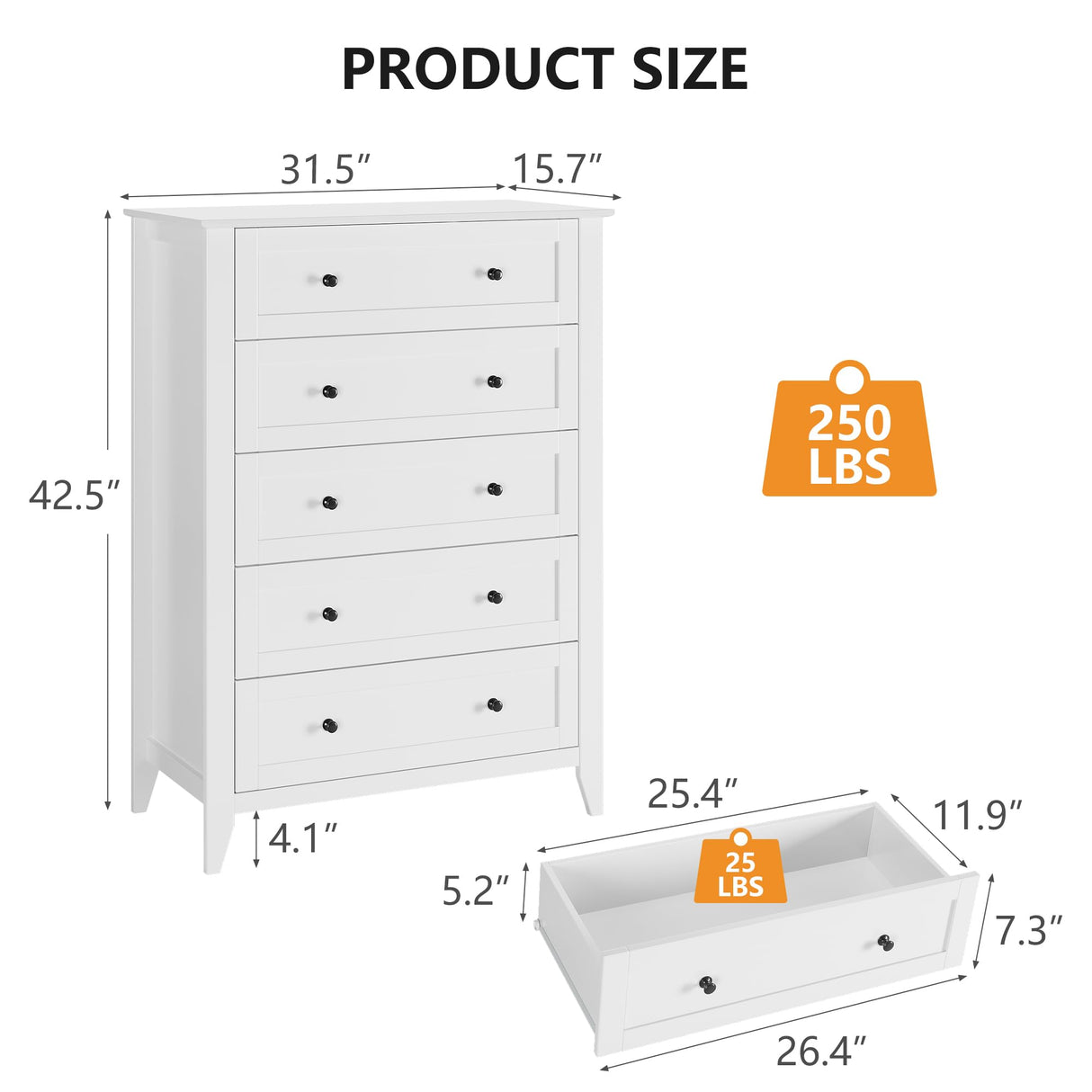 IDEALHOUSE 5 Chest of Drawer Dresser, Modern White Storage Organizer with Drawers for Bedroom, Living Room, Entryway, 42.5'' Tall IDEALHOUSE