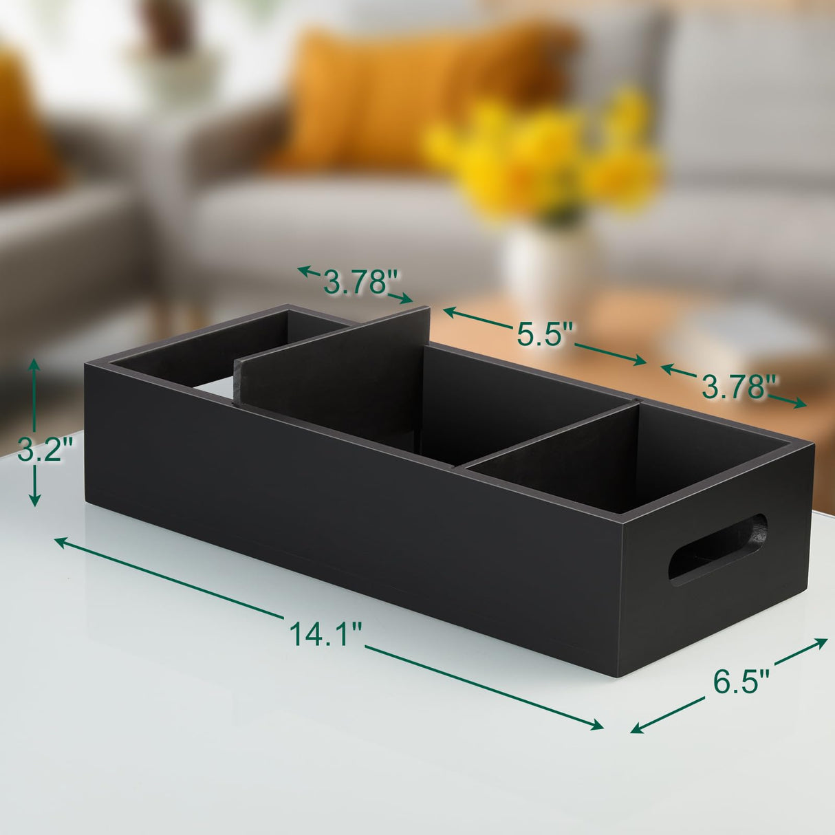 14 Inch Bathroom Basket with Removable Dividers - 3 Comparments Wood Toilet Paper Basket with Handle for Back of Toilet Tank Topper - Black Storage Organizer for Bathroom Kitchen Pantry Organization dreamkey