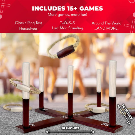 SWOOC Games - Rustic Ring Toss Game (All Weather) - Easy Setup & Extra Games Included - Ring Toss Game for Adults - Outdoor Games for Kids - Yard Games for Adults - Ring Hook Game - Game Room Games SWOOC