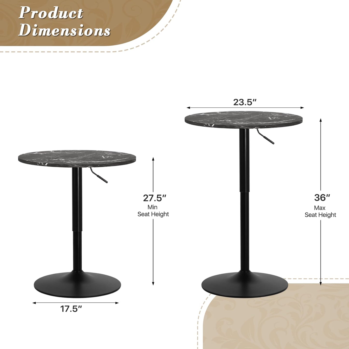 Athena Collection Round Bar Table,Adjustable Height Pub Table and 360°Swivel Bistro Table, High Top Table with MDF Desktop,Cocktail Table for Bar/Pub/Bistro(Black Rock)