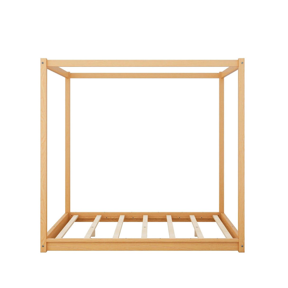 Bellemave Queen Size 4-Poster Canopy Floor Bed Frame, Wood Low Profile Platform Beds with Wooden Slats Support, No Box Spring Needed, Natural Bellemave
