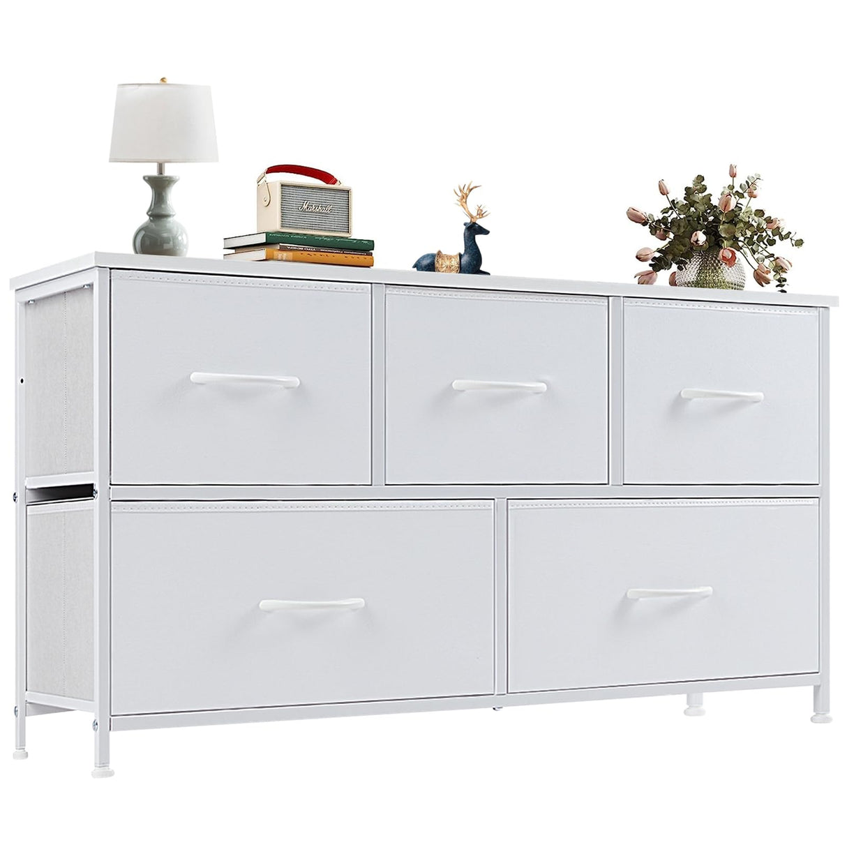 OLIXIS Dresser for Bedroom with 5 Drawers, Wide Chest of Drawers, Fabric Bedroom Dresser with Drawer Organizers, Storage Organizer Unit with Fabric Bins for Closet, Living Room, Hallway, Classic White OLIXIS