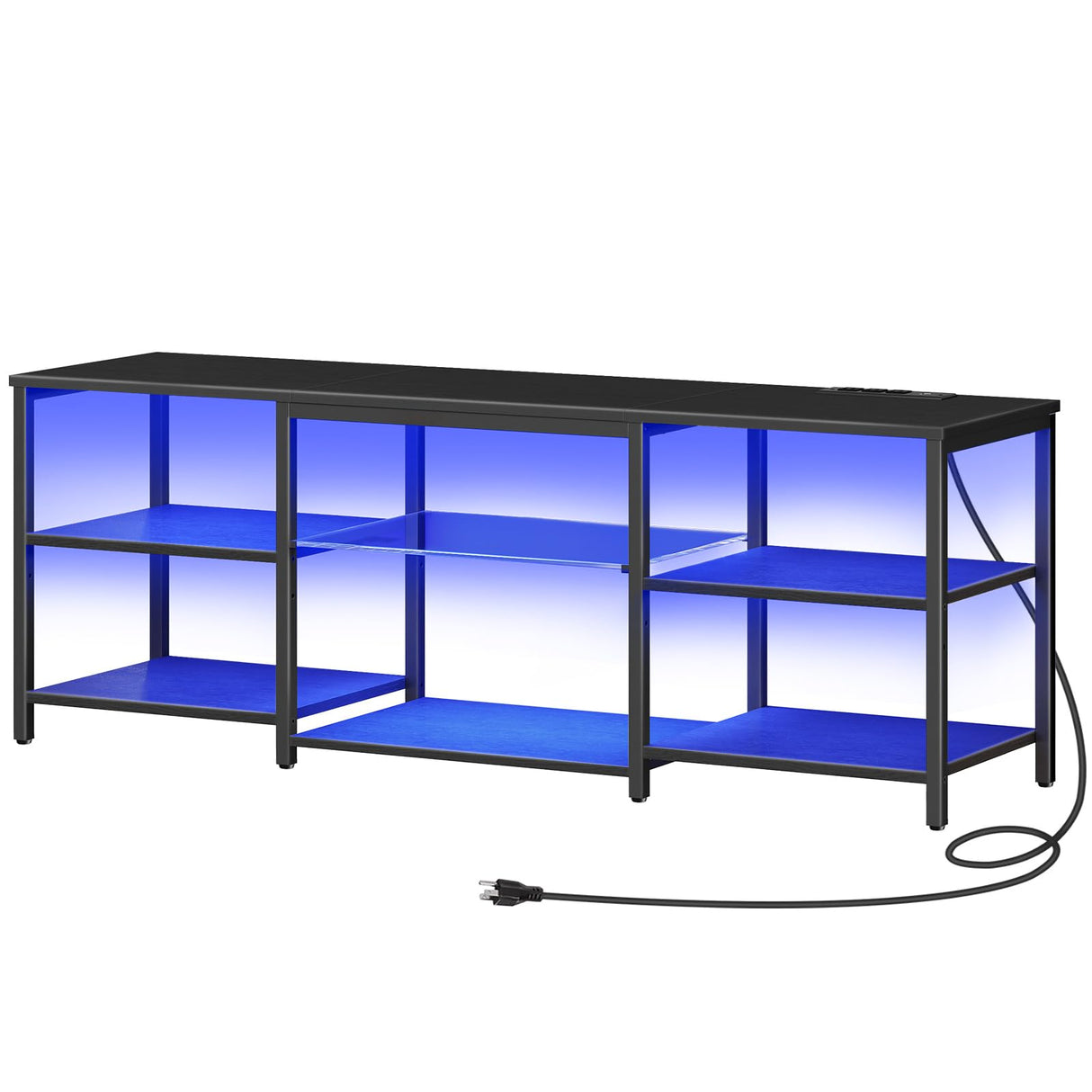 HOOBRO LED TV Stand for 65 Inch TVs with Charging Station, Gaming Entertainment Center with 3-Tier Open Storage, Long Media TV Console Table, TV Stand for Living Room, Bedroom, Black BB20UDDS01 HOOBRO