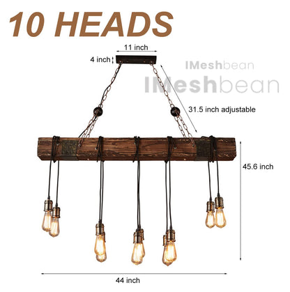 Rustic Chandelier Farmhouse Wood Beam Hanging Industrial Pendant Lighting Vintage Ceiling Light Fixture 10 Heads for Dining Table Kitchen Island Bar Coffee Billiard Pool Table (10 Lights) - WoodArtSupply