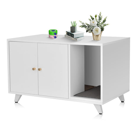 QuicMiou Cat Litter Box Enclosure, Hidden Litter Box Furniture Washroom Storage Cabinet, Modern Cat House with Scratche Pad (White) QuicMiou