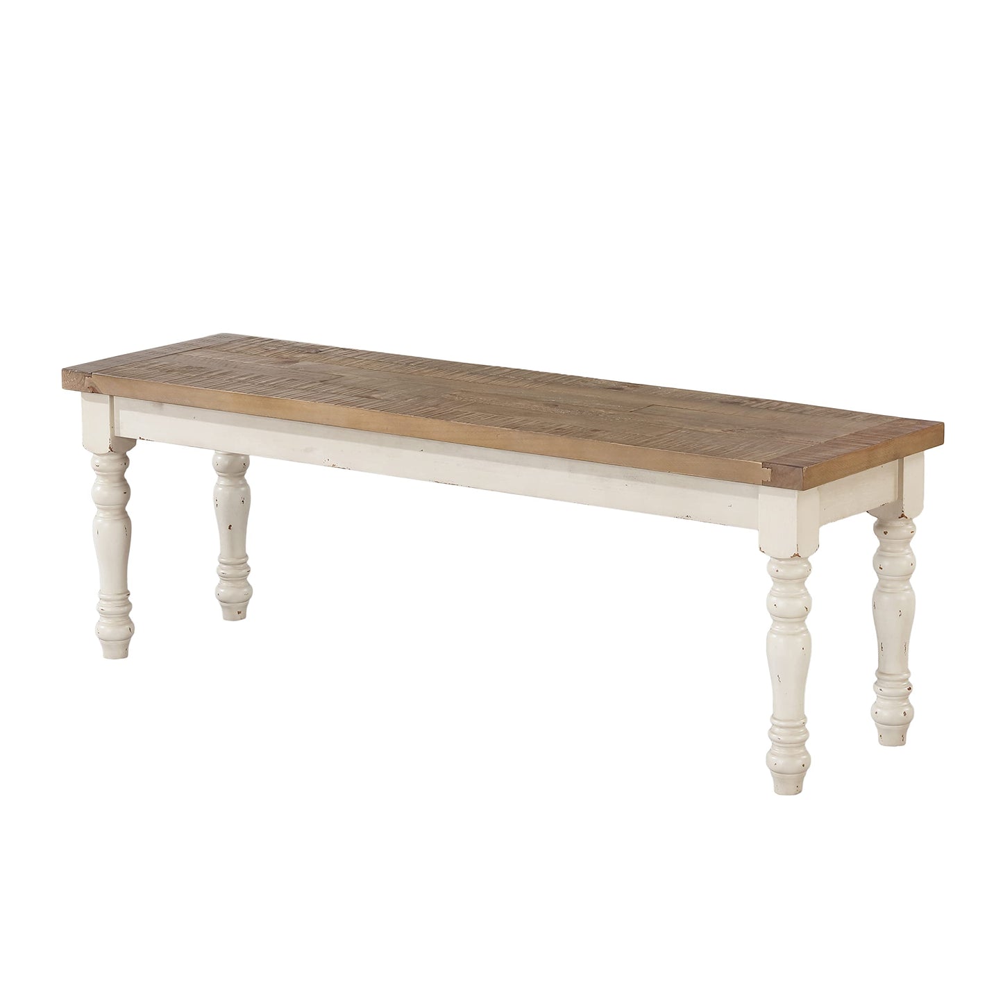 Roundhill Furniture Prato Two-Tone Distressed Oak Wood Dining Bench, One Size, Antique White - WoodArtSupply