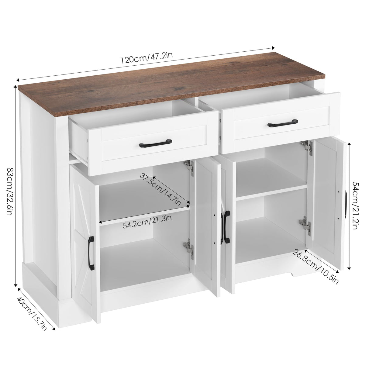 BOTLOG Farmhouse Buffet Cabinet with Storage, 47.2" Storage Cabinet with Drawers, Barn Doors, Sideboard, Bar Cabinet for Kitchen, Dining Room, Hallway, White BOTLOG