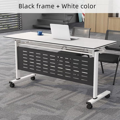 Folding Conference Table - Large Rectangle Meeting Seminar Table with Silent Wheels - Mobile Meeting Solution for Office - Long Business Tables, Conference Room (White + Black Frame, 71×20×30in)