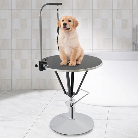 LUNUMAOS Hydraulic Pet Grooming Table with Adjustable Arms, 360 Degree Table Top Swivel Maximum Load 220 lbs Professional Pet Grooming Table, 34in Hydraulic (Black,Round) LUNUMAOS