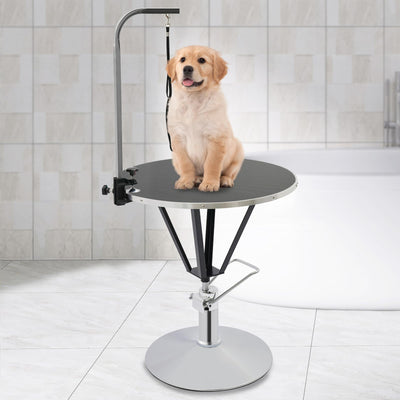LUNUMAOS Hydraulic Pet Grooming Table with Adjustable Arms, 360 Degree Table Top Swivel Maximum Load 220 lbs Professional Pet Grooming Table, 34in Hydraulic (Black,Round)