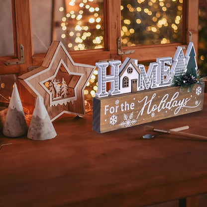 Wooden Christmas Sign Blocks, HOME for the Holiday Quote Christmas Table Decor, Xmas Centerpiece Block Sign with Snowflake & Pine Tree, Christmas Decoration for Office Desk Mantle (BROWN)