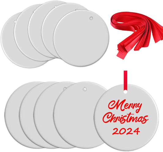 10Pcs Sublimation Ceramic Ornaments Sublimation Ornament Blanks Bulk Ceramic Discs Ornament for Heat Press Printing White Round Porcelain Ornament Personalized Xmas Tree Ornament Keepsake Crafts Gift