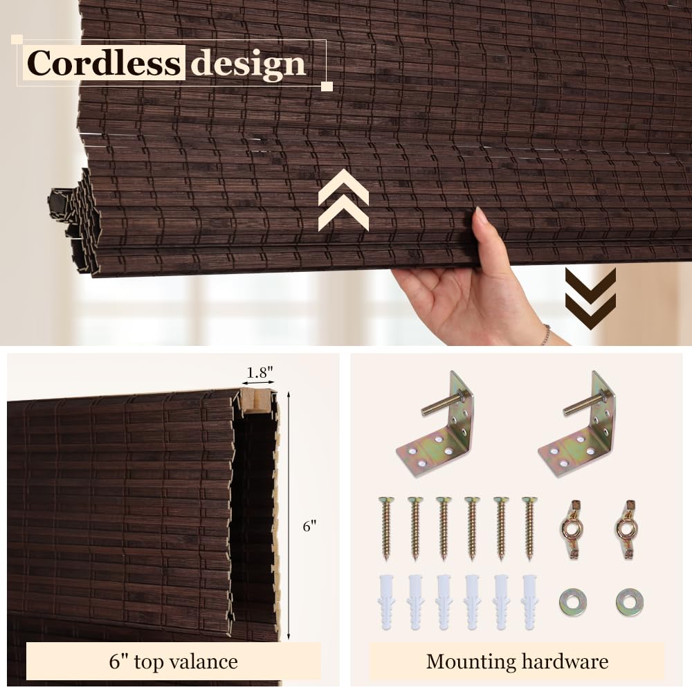 LUCKUP Cordless Bamboo Roman Blinds Shades for Indoor Windows-Blackout Room Darkening Roman Blinds with 6" Valance Cover Enhanced Privacy, 40" W x 64" H LUCKUP
