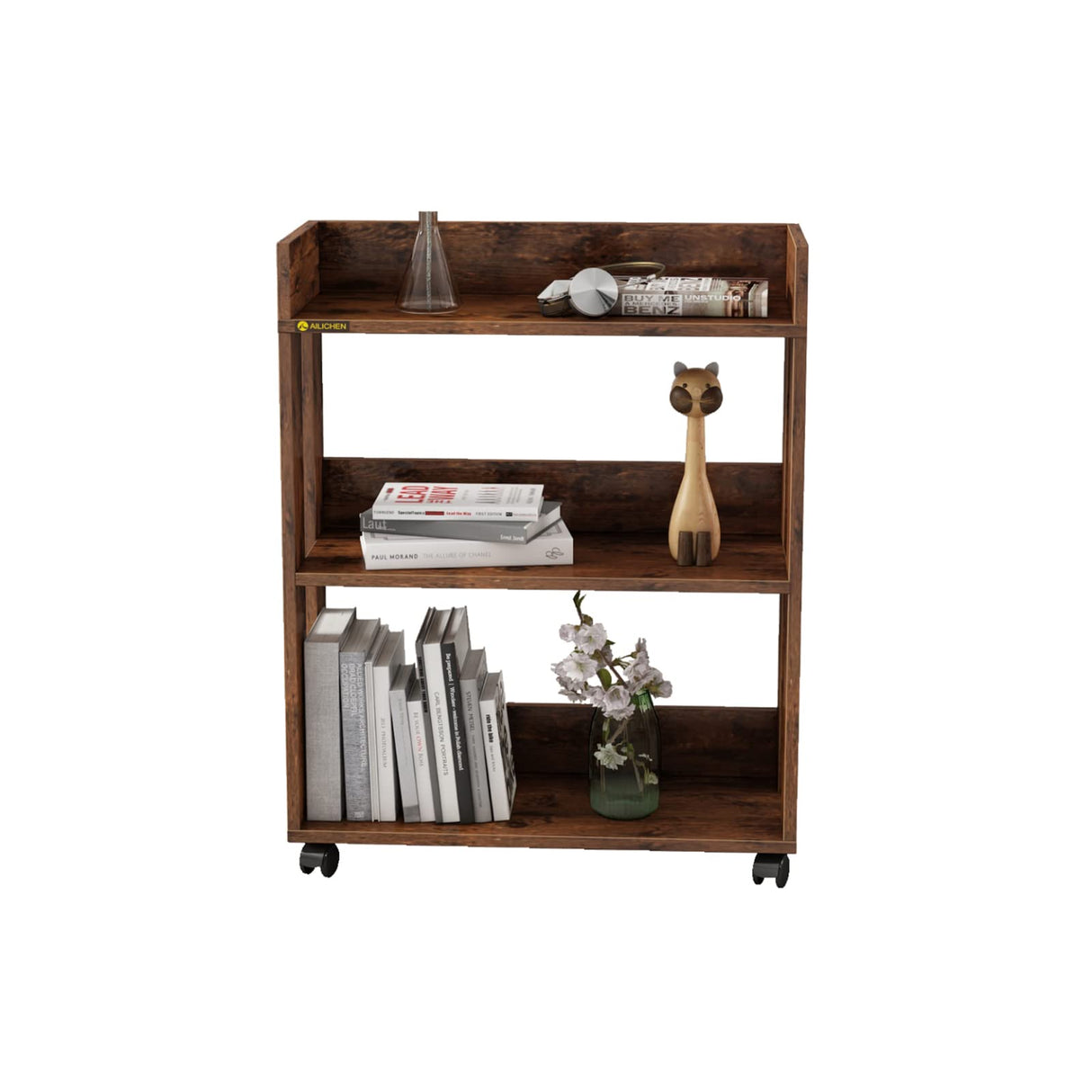 ALISENED 3 Tier Nightstand with Wheels, Wood Small Bookshelf and Bookcase, Farmhouse Bedside End Table with Storage Rack for Bedroom, Library, Living Room, Home, Office Cart, Rustic ALISENED