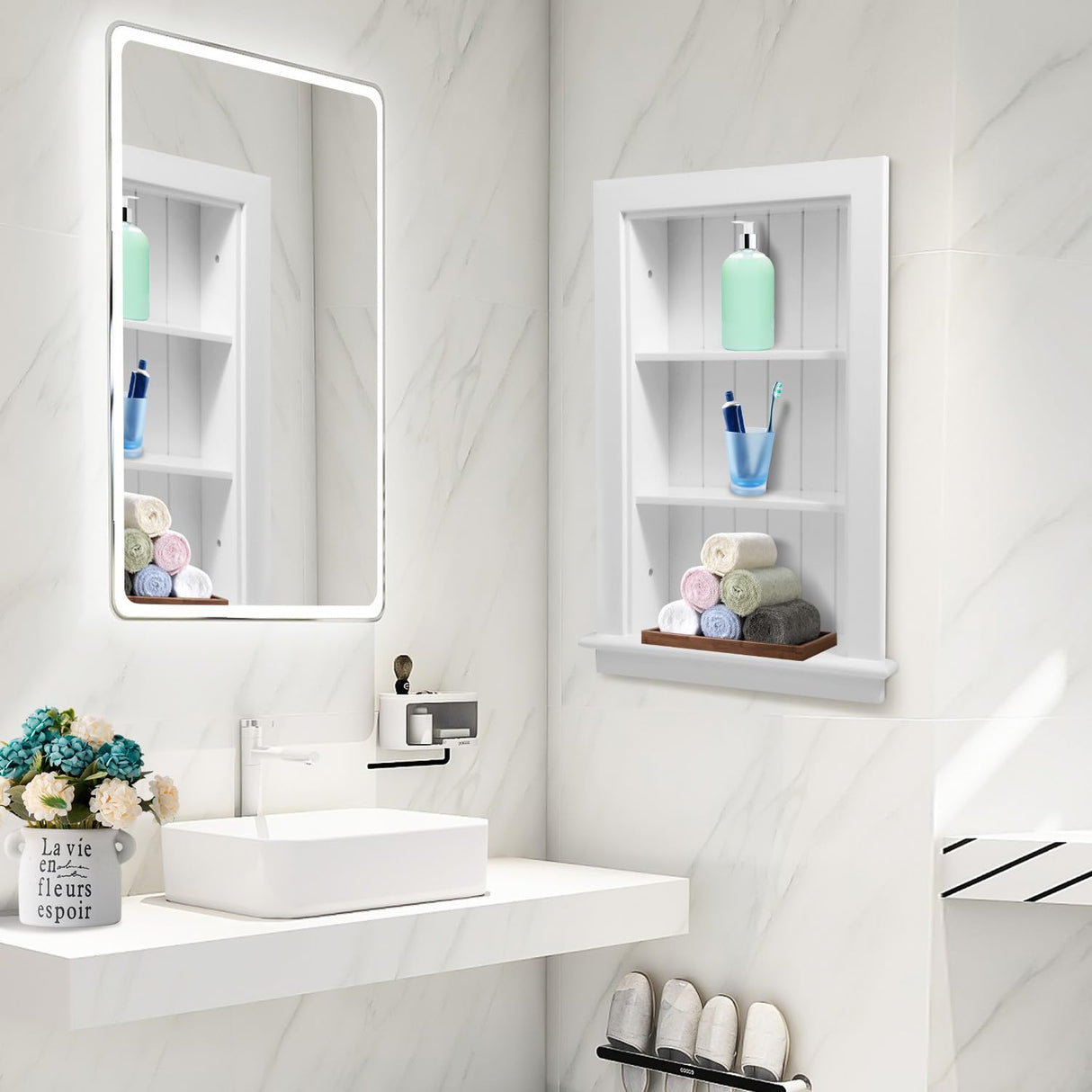 Potter-Island 14 x 24 Medicine Cabinet Recessed, Wall Niche, Bathroom Wall Cabinet, 3-Tier, Between Studs Shelving for Drywall, White Potter-Island