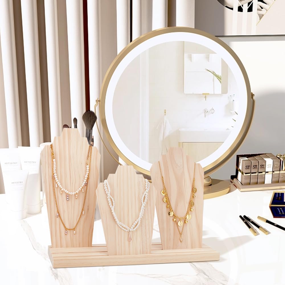PH PandaHall Wood Necklace Display Stands with 3-Row Holder and 3 Removable Displays Wood Plank Necklace Storage Holder Bust Easel Jewelry Display for Necklaces, Rings Storage, Blanched Almond PH PandaHall