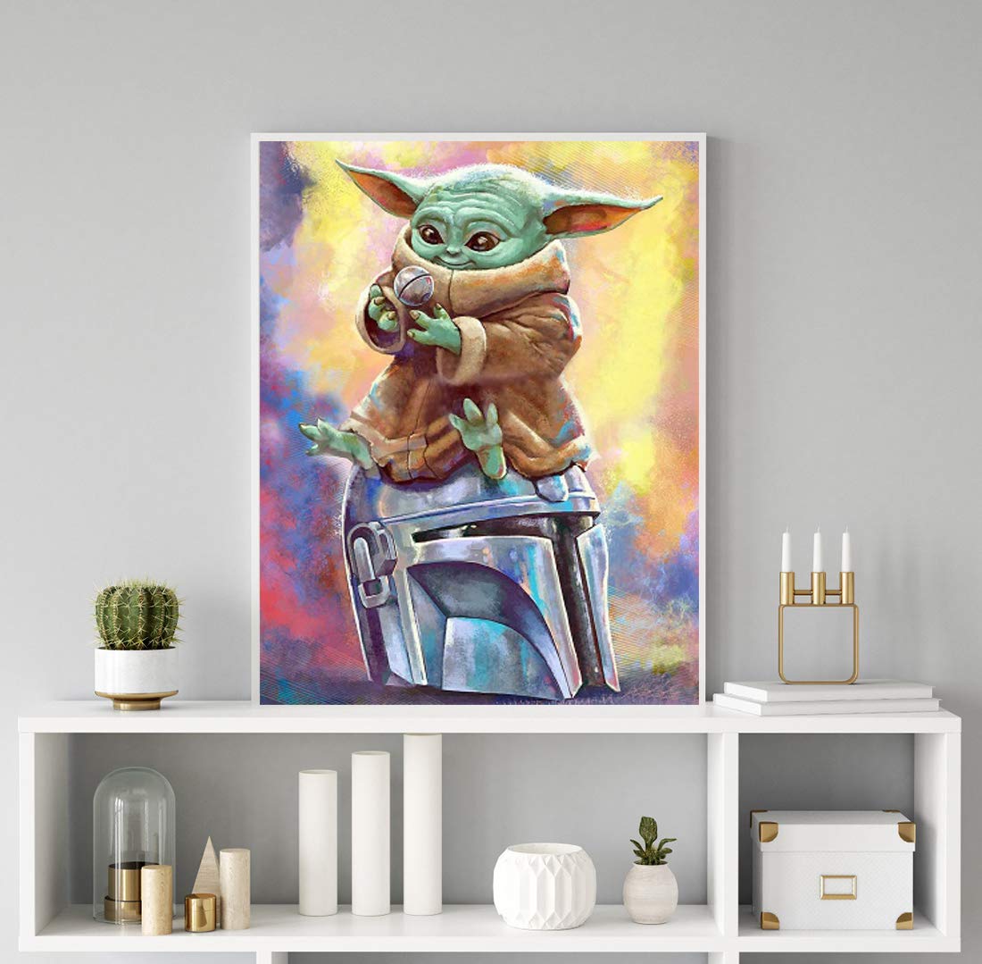 Plzoslly Paint by Numbers for Adults Kids, Star Wars Baby Yoda DIY 5D Diamond Painting Kits Mandalorian Round Full Drill Crystal Rhinestone Embroidery Arts Craft for Home Wall Decor 12 x 16 Inch Plzoslly