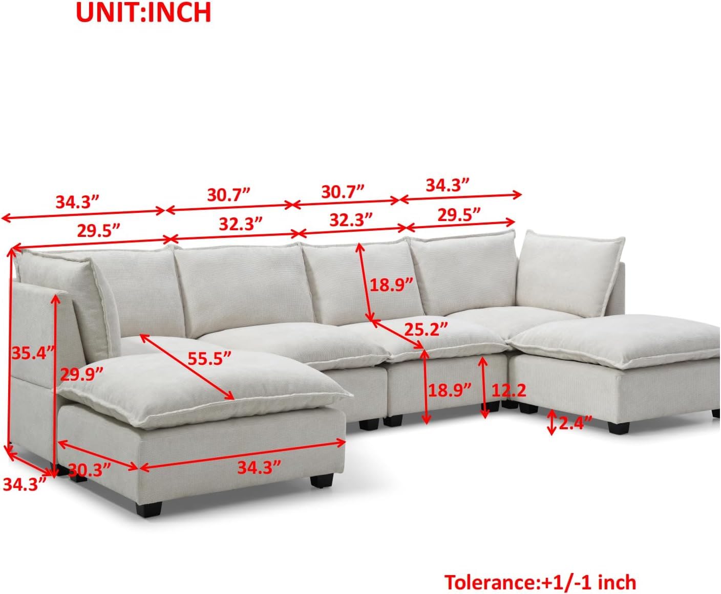 U-Shaped Oversized Down Feather Cushions Modular Sectional Sofa Modern Deep Seat Reversible Chaises Cloud Couch Living Room Convertible Sleeper Upholstered Sofabed with Movable Ottomans