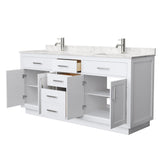 Wyndham Collection Beckett 72 Inch Double Bathroom Vanity with Toe Kick in White, Carrara Cultured Marble Countertop, Undermount Square Sinks, Brushed Nickel Trim Wyndham Collection