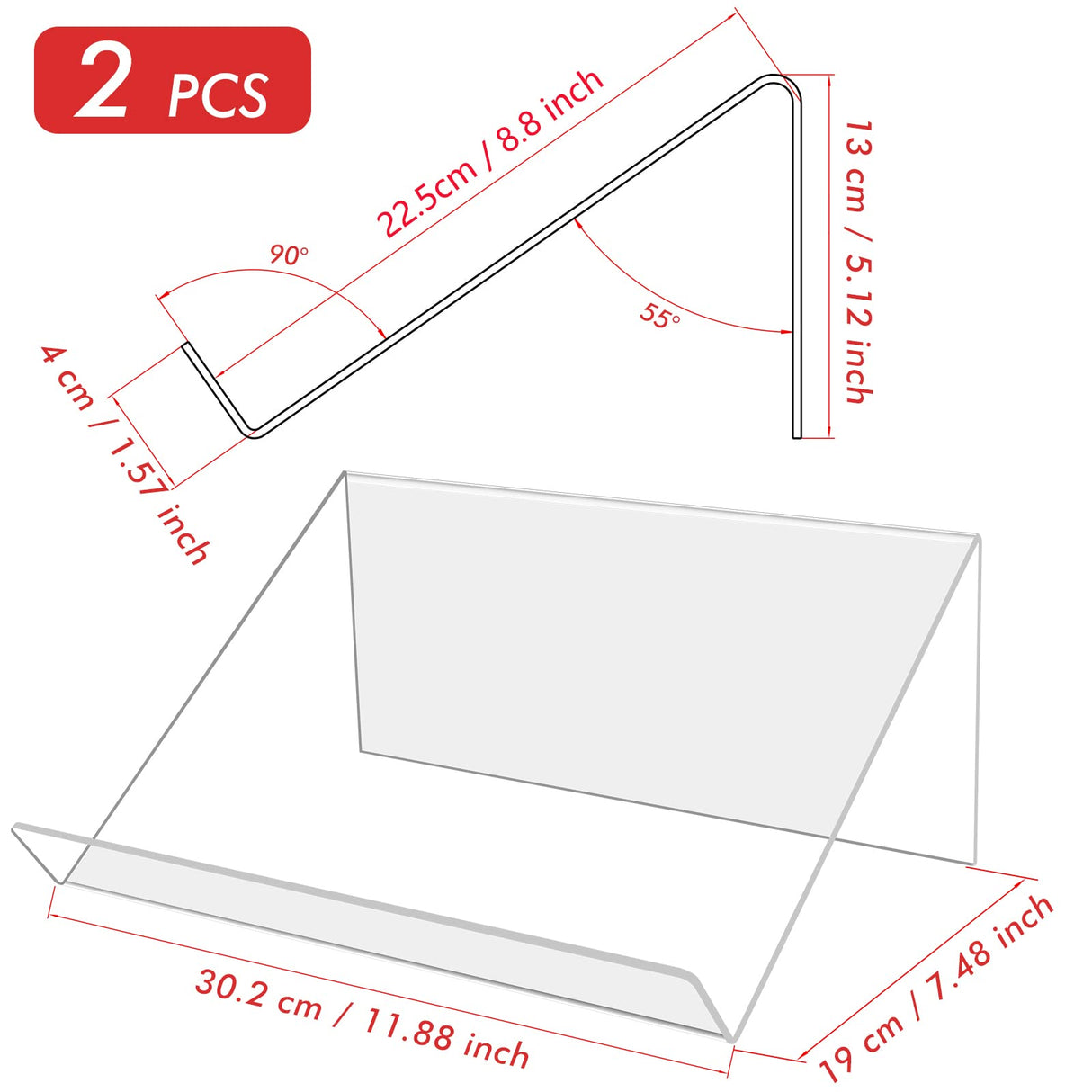 Kamehame Book Stands for Display, 2 Pack Slightly Elevated Clear Acrylic Book Display Stand with 1.5" Ledge, Book Easel Anti-slip Border for Handwriting Reading Art and Laptop, 12"x8.5"x5.1" Kamehame