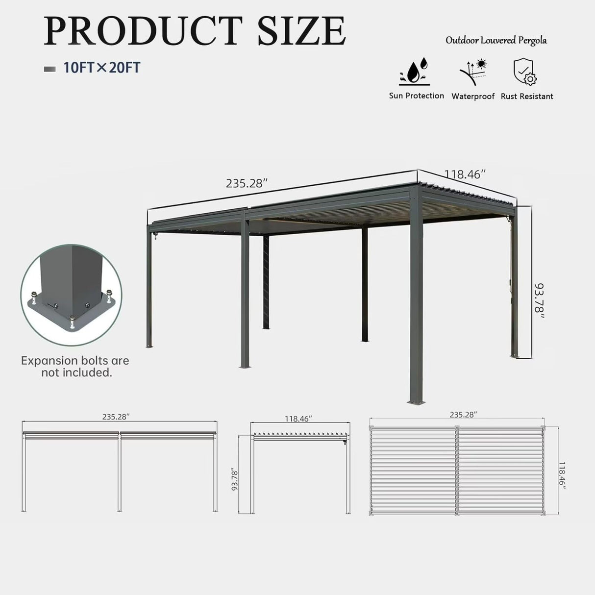 Domi Outdoor Louvered Pergola 10x20FT with Adjustable Steel Roof, Outdoor Aluminum Frame Rainproof Pergola for Backyard, Garden and Lawn,Dark Gray domi outdoor living
