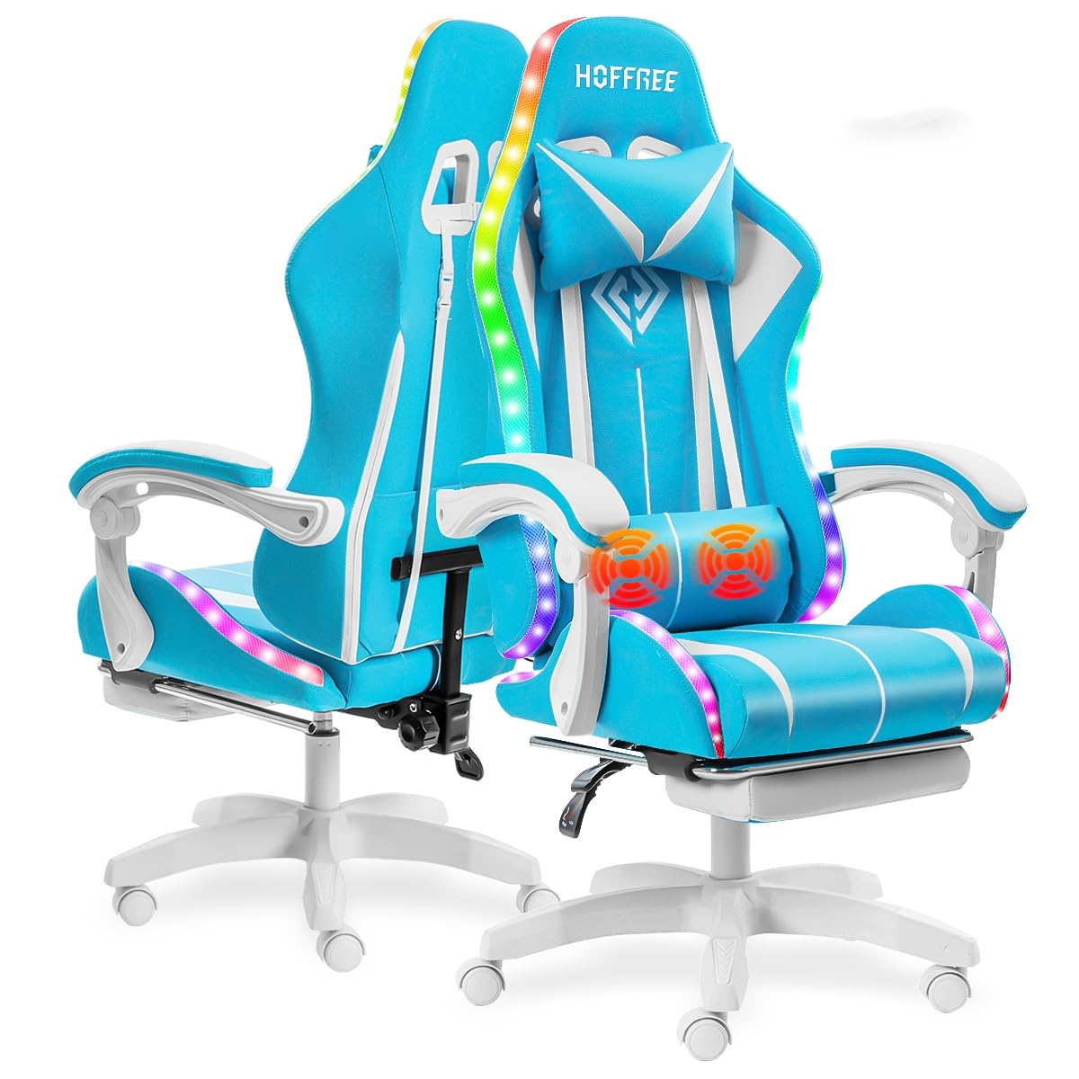 Gaming Chair with LED RGB Lights with Massage and Footrest Ergonomic Computer Chair High Back Video Game Chair with Adjustable Lumbar Support Linkage Armrest White and Blue HOFFREE