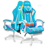 Gaming Chair with LED RGB Lights with Massage and Footrest Ergonomic Computer Chair High Back Video Game Chair with Adjustable Lumbar Support Linkage Armrest White and Blue HOFFREE