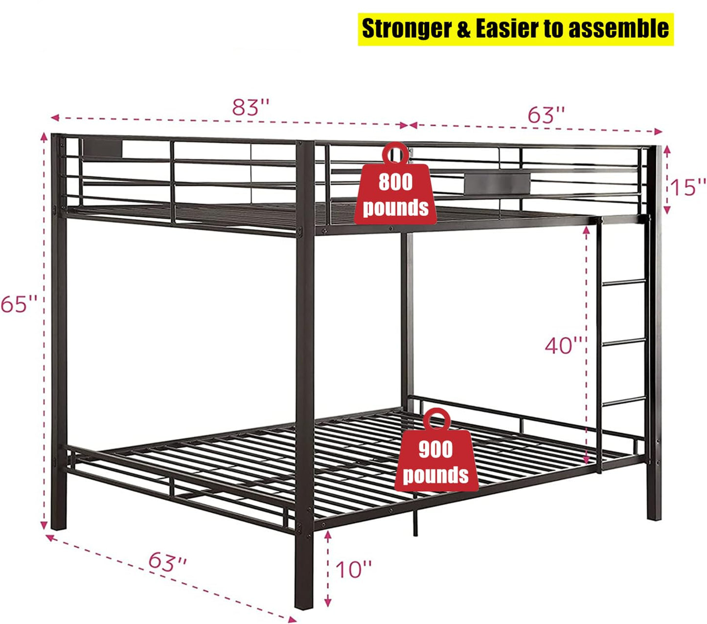 ULUCAN Reinforced Version and Stronger Metal Bunk Bed Queen Over Queen Size, More Stable Heavy Duty More Rust-Proof Steel Bunk Queen Bed with Thickened Legs (Faster Assembly) (Queen Over Queen)