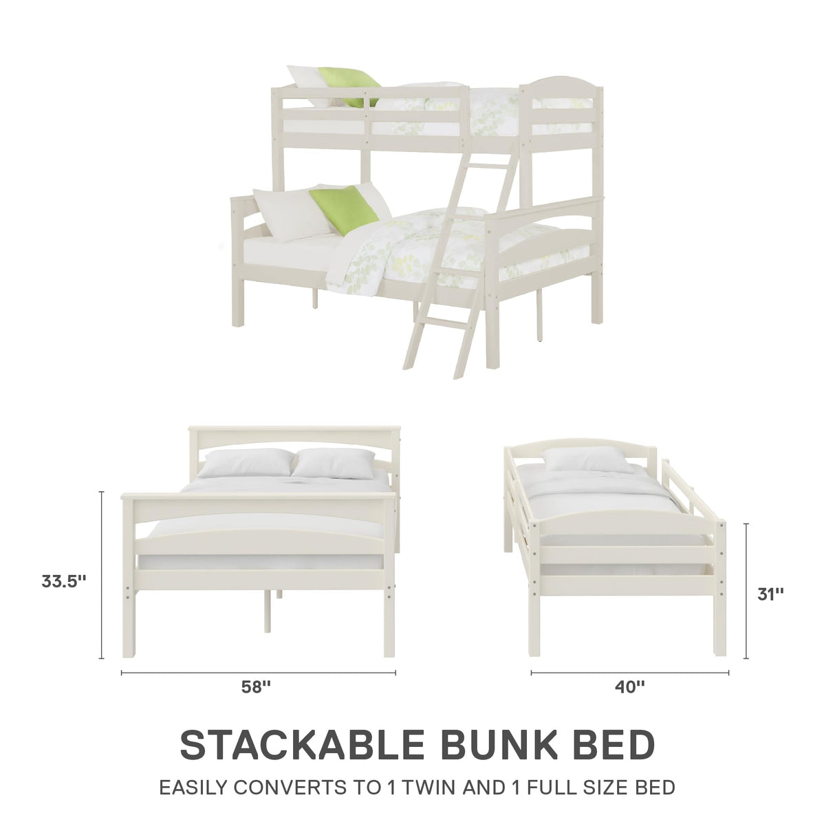 DHP Brady Wood Bunk Bed Frame, Twin Over Full, White DHP