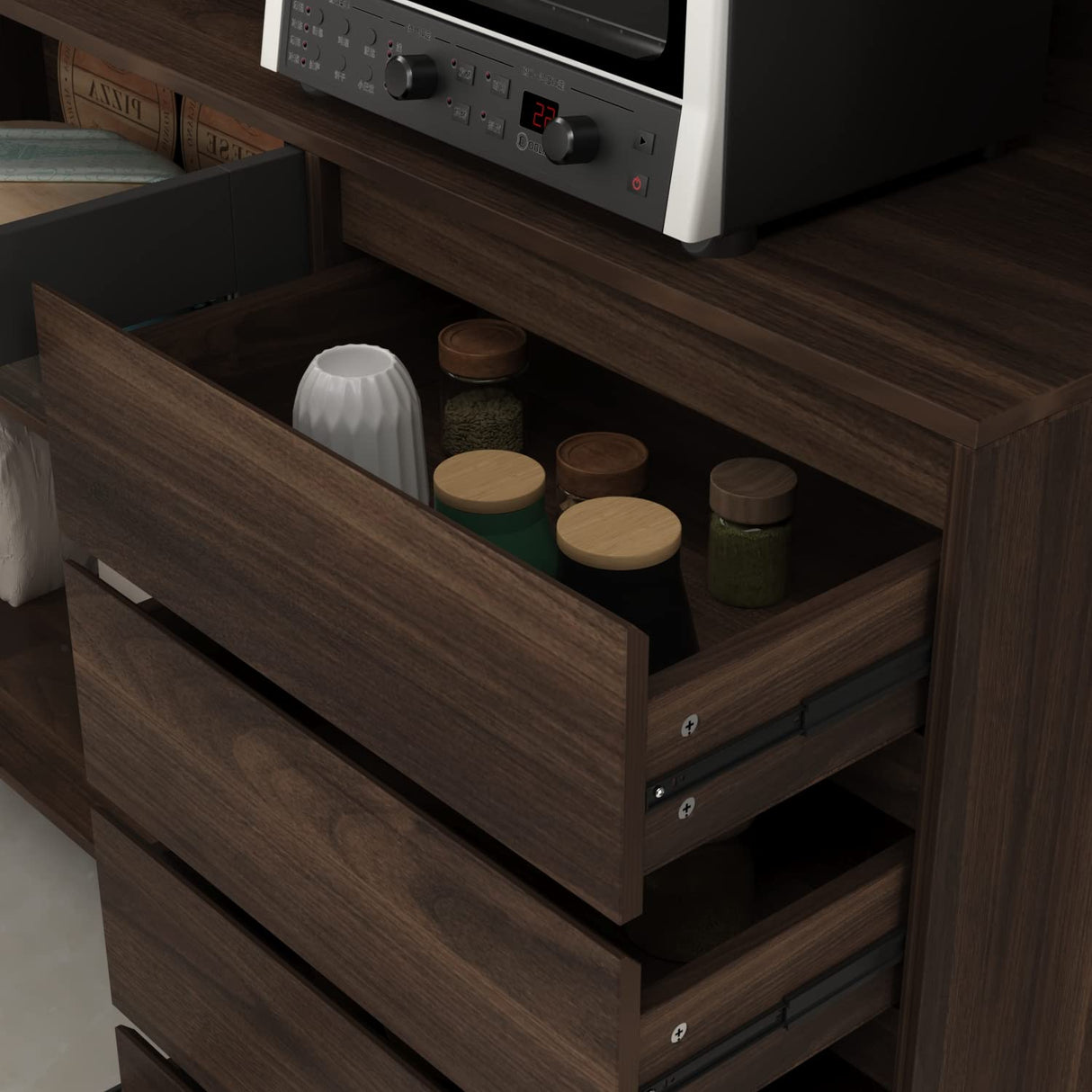 ECACAD Freestanding Kitchen Pantry Storage Cabinet with Glass Doors, Shelves & Drawers, Modern Sideboard Buffet Cabinet, Wood Kitchen Cupboard with Hutch and Hooks, Dark Brown ECACAD