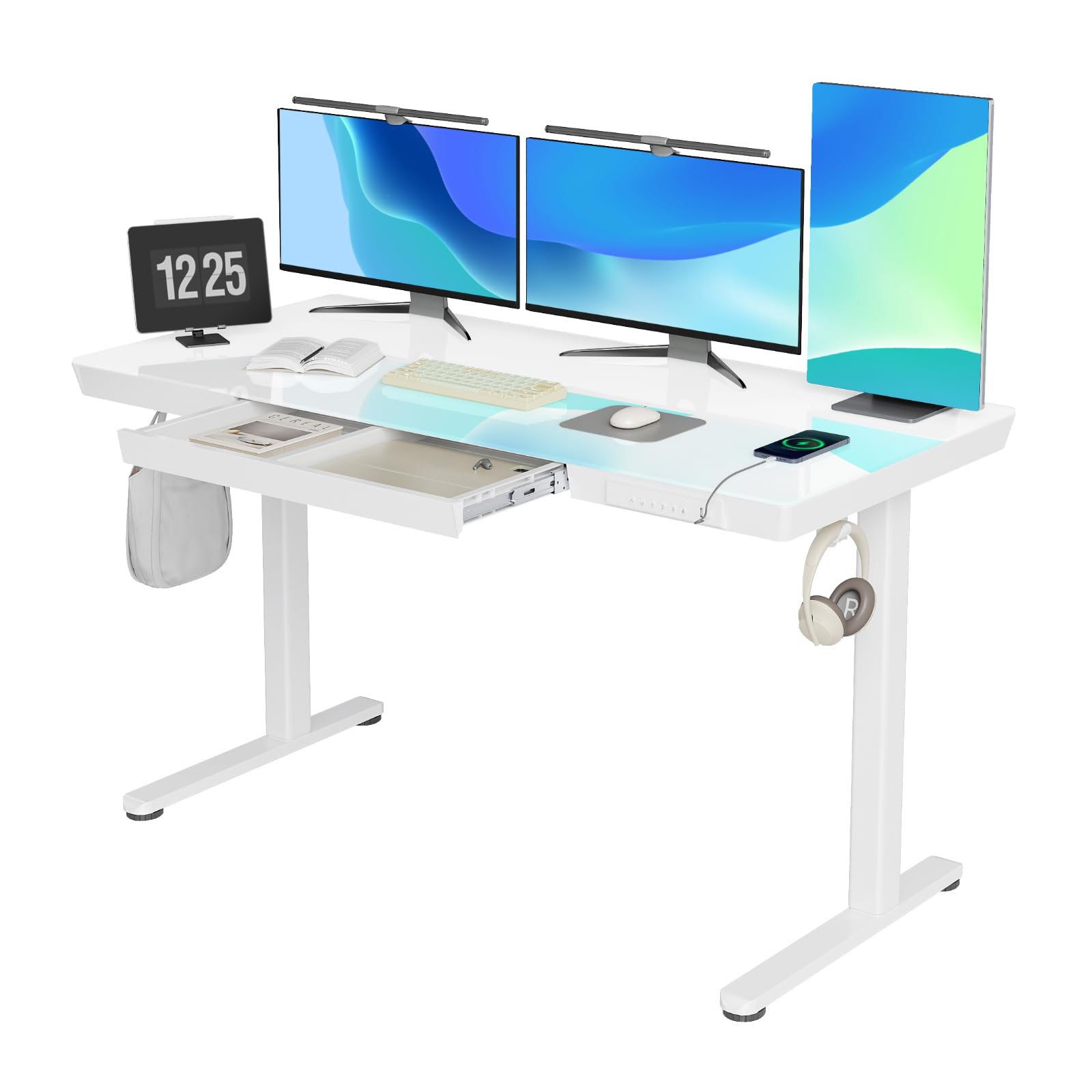 Claiks Glass Standing Desk with Drawers, 55 Inch Adjustable Stand Up Desk, Quick Install Home Office Computer Desk with USB Ports, White - WoodArtSupply