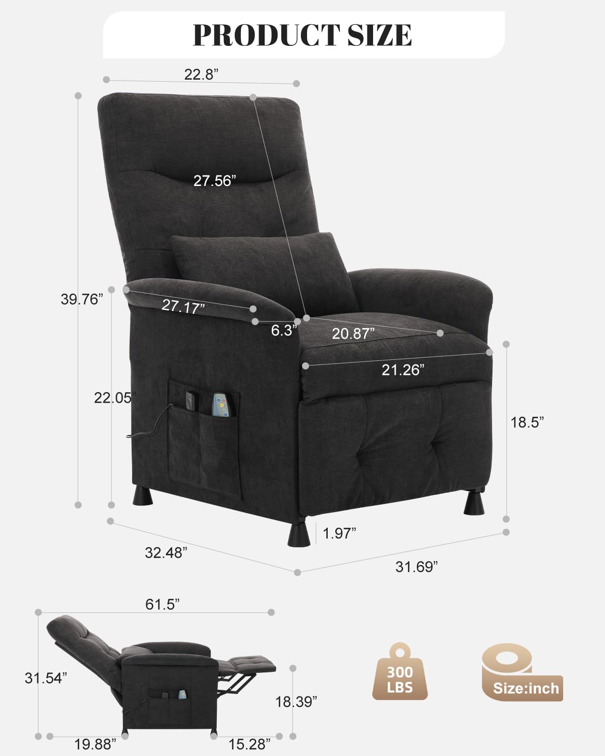 Power Recliner Chair for Adults – Heated Massage, Vibration, Electric Reclining Sofa with Side Pocket & Remote, Adjustable Recliner for Living Room or Home Theater Seating (Premium, Black) NBBOTBOT