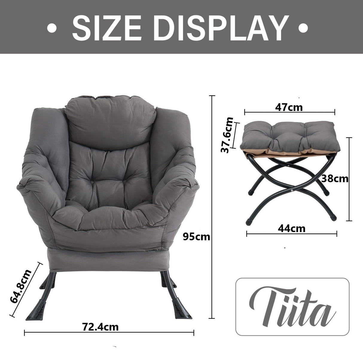 Tiita Lazy Chair with Ottoman, Modern Large Accent Lounge Chair, Leisure Sofa Armchair with Ottoman, Reading Chair with Footrest for Bedroom, Living Room, Dorm Rooms, Garden and Courtyard Tiita