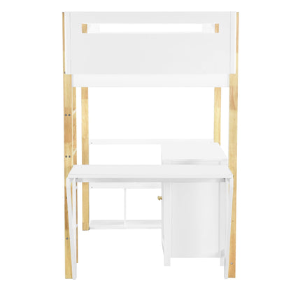 Harper & Bright Designs Twin Size Loft Bed with Foldable Desk, Bookshelf and Built-in Storage Cabinet, Wood Loft Bed Frame, White