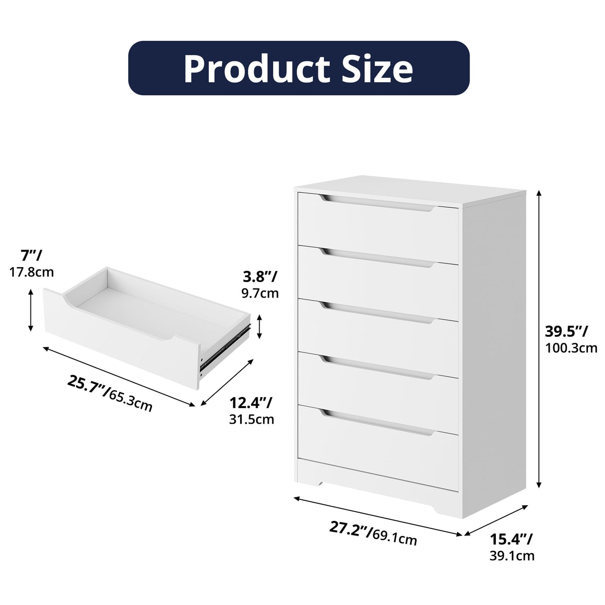 Cozy Castle 5 Drawer Dressers, Modern Chest of Drawers Large Organizer, Wood Accent Storage Cabinet for Living Room, Home Office, Entryway, White Cozy Castle