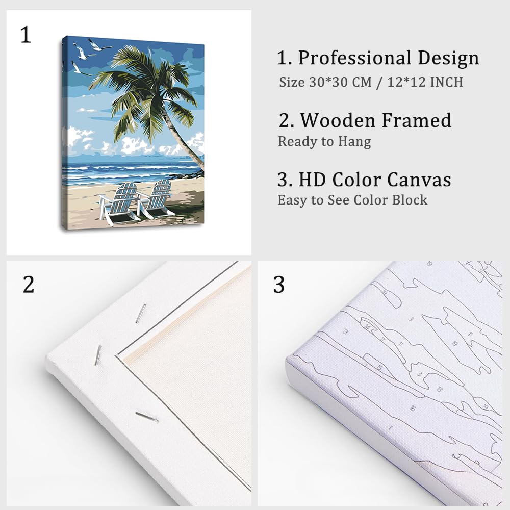Natuyalo Paint by Numbers Kit for Adults Beginners, 12" Wx16 L Painting by Numbers Kit on Canvas Acrylic Drawing Kits Ready to Stretch and Framed, Beach Landscape Natuyalo