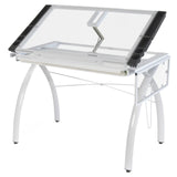 SD Studio Designs 10096 Futura Station with Folding Shelf Top Adjustable Drafting Craft Drawing Hobby Table Writing Studio Desk with Drawer, 35.5'' W x 23.75'' D, White/Clear Glass SD STUDIO DESIGNS