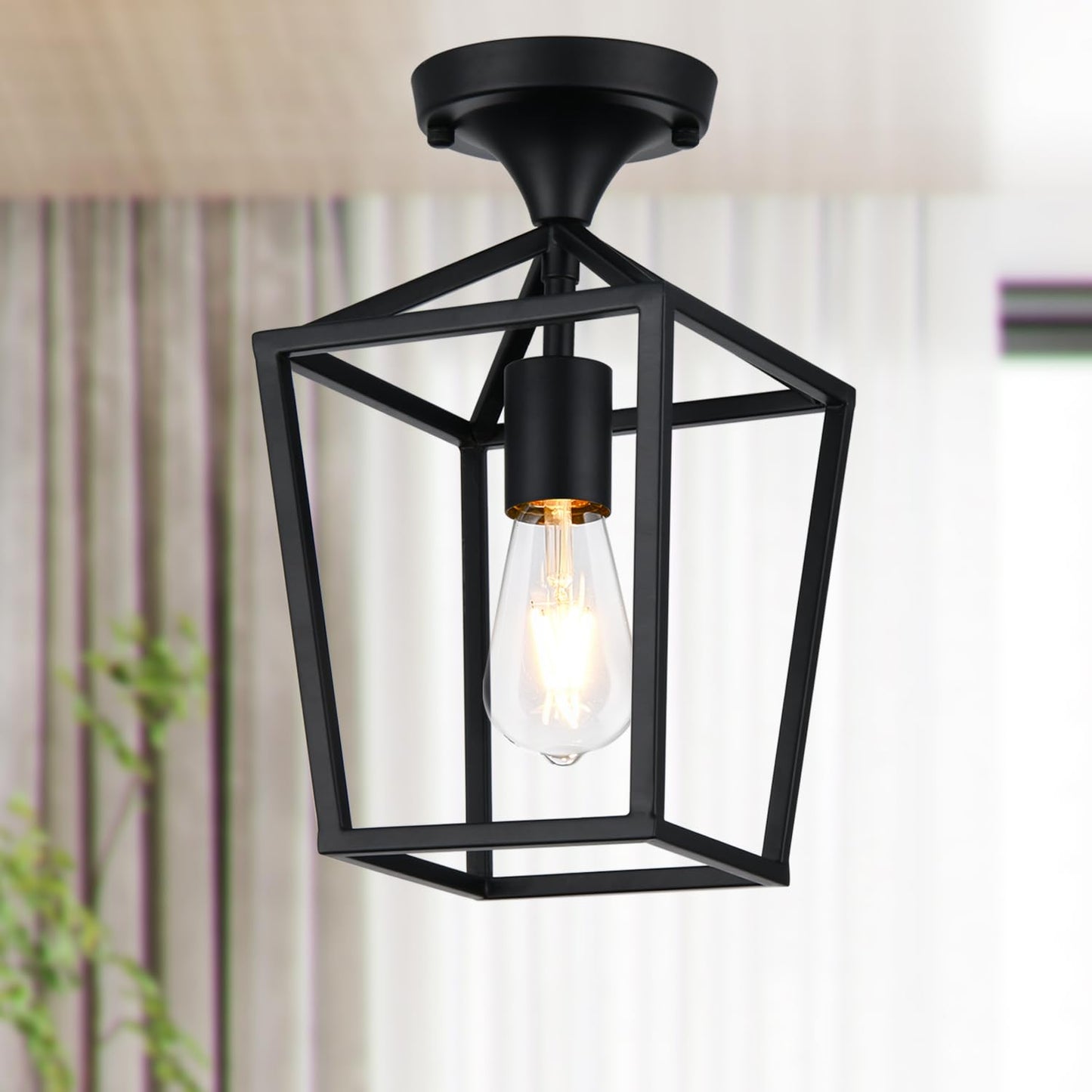 【Upgraded】 Semi Flush Mount Ceiling Light, Black Industrial Ceiling Light Fixtures, Farmhouse Light Fixture for Entryway Porch Hallway Stairway Garage Living Room Dining Room Balcony