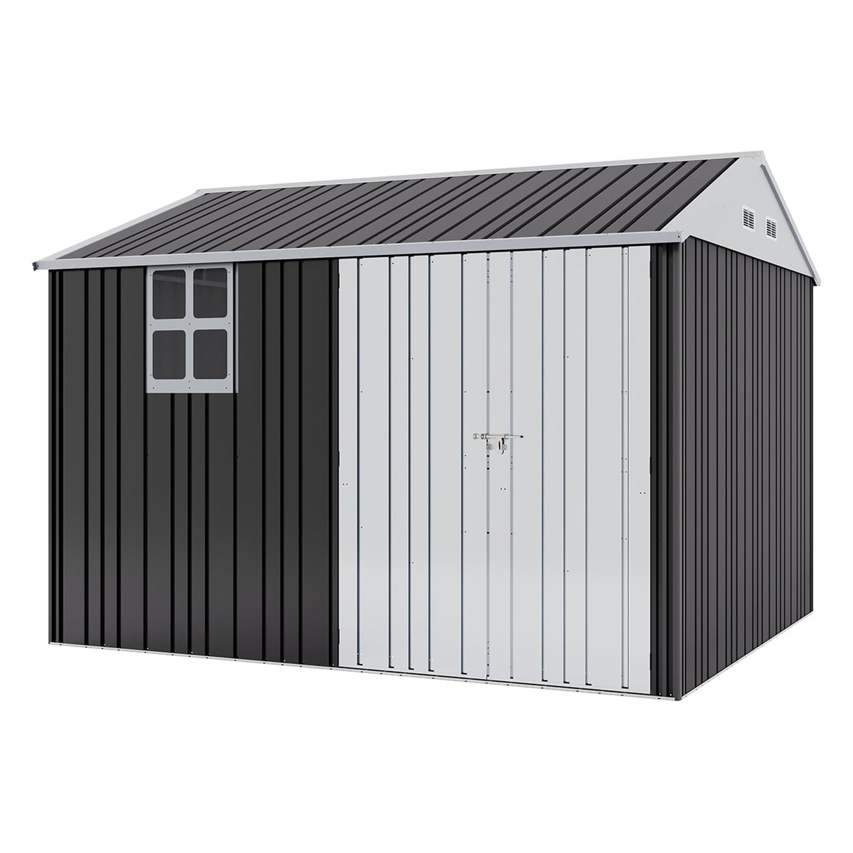Jocisland 10x8.6x7.5 FT Sheds & Outdoor Storage, Lockable Double Hinged Doors and 4 Vents, Metal Large Shed, Backyard Storage for Bikes and Garden Tools Dark Black/White Jocisland