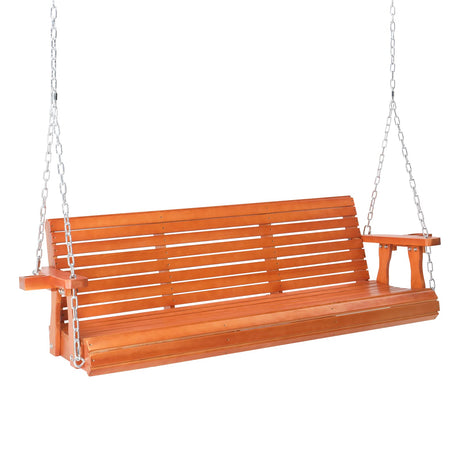 VINGLI Heavy Duty 880 LBS Patio Porch Swing Outdoor with Cup Holder, Hanging Chair with Adjustable Secure Chains, Pine Wood Outdoor Bench Tree Swing for Yard | Garden | Lawn | Balcony (5 FT, Brown) VINGLI