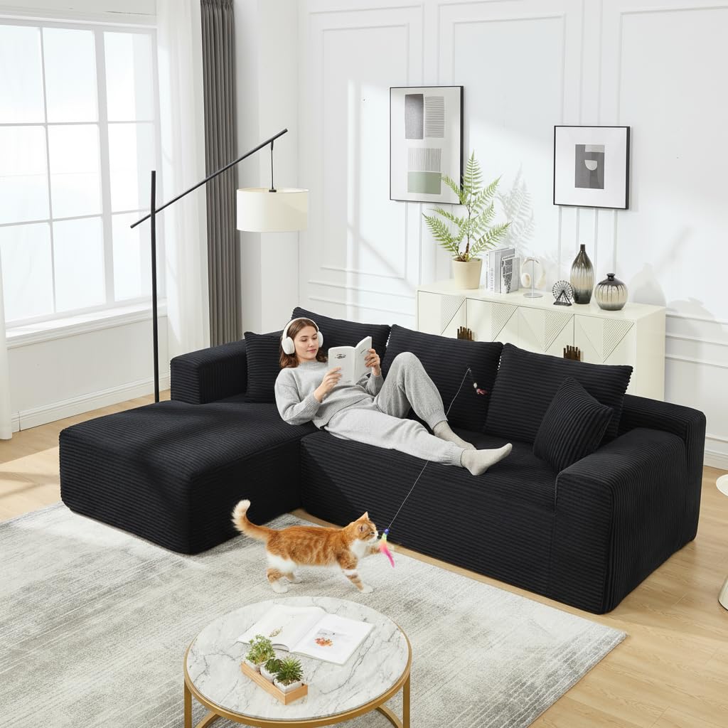 PELUMY 108.7" L-Shaped Modular Sectional Sofa with Oversized Chaise, Cloud Couch with Memory Foam, No Assembly Required Sleeper Sofa for Small Space Living Room, Apartment (Black, Corduroy) PELUMY