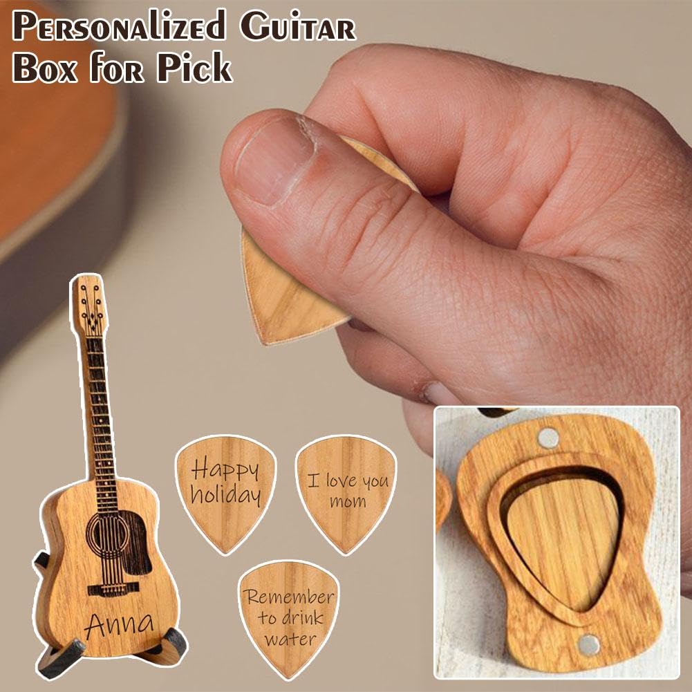 MANYUN Custom Guitar Pick Holder with 3PCS Guitar Picks, Personalized Wooden Guitar Picks Case with Stand, Unique Engraved Guitar Picks Acoustic Guitar Box for Electric Bass Guitar Ukulele Lo - WoodArtSupply