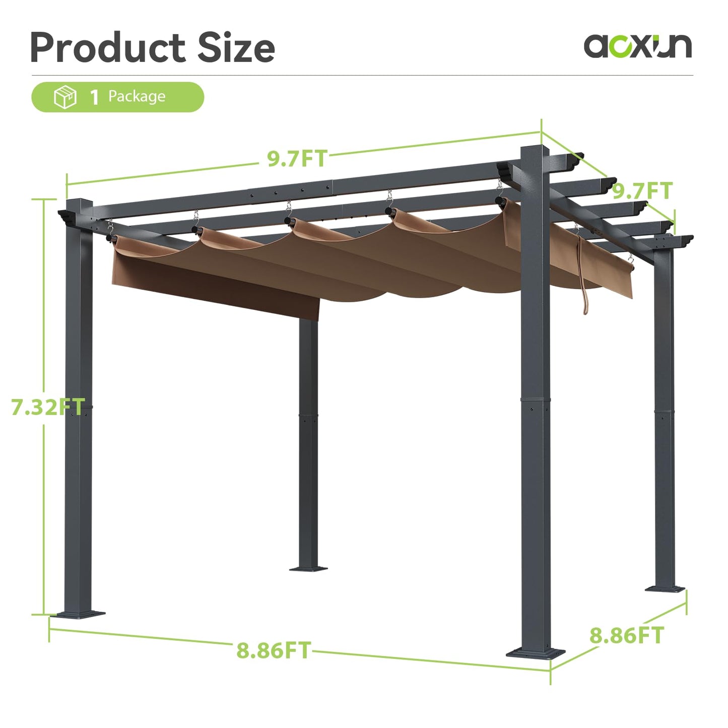 Aoxun Outdoor Pergola, 10‘×10’ Retractable Pergola, Aluminum Pergola Patio, Modern Pergola with Retractable Sun Shade Canopy for Gardens, Backyards and Decks