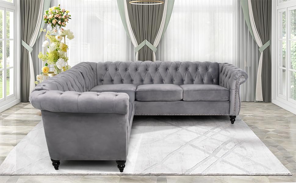 RARZOE Chesterfield L Shaped Sectional Sofa, Deep Button Tufted Velvet Sofa, Upholstered Rolled Arm Classic Chesterfield Settee Furniture for Living Room, Grey RARZOE