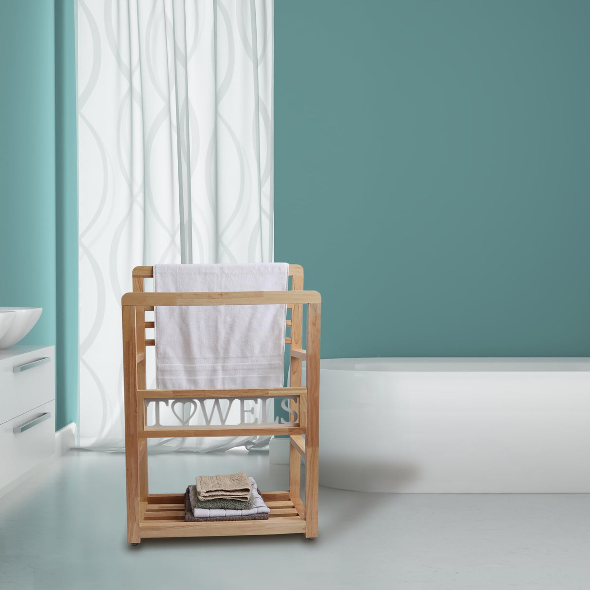 Free Standing Towel Racks for Bathroom - Besuerte 2 Tier Bath Towel Rack, Blanket Rack Stand for Living Room, Bedroom, Towel Drying Rack for Bathroom, 31.5" H Blanket Holder with White Towels Letters Besuerte