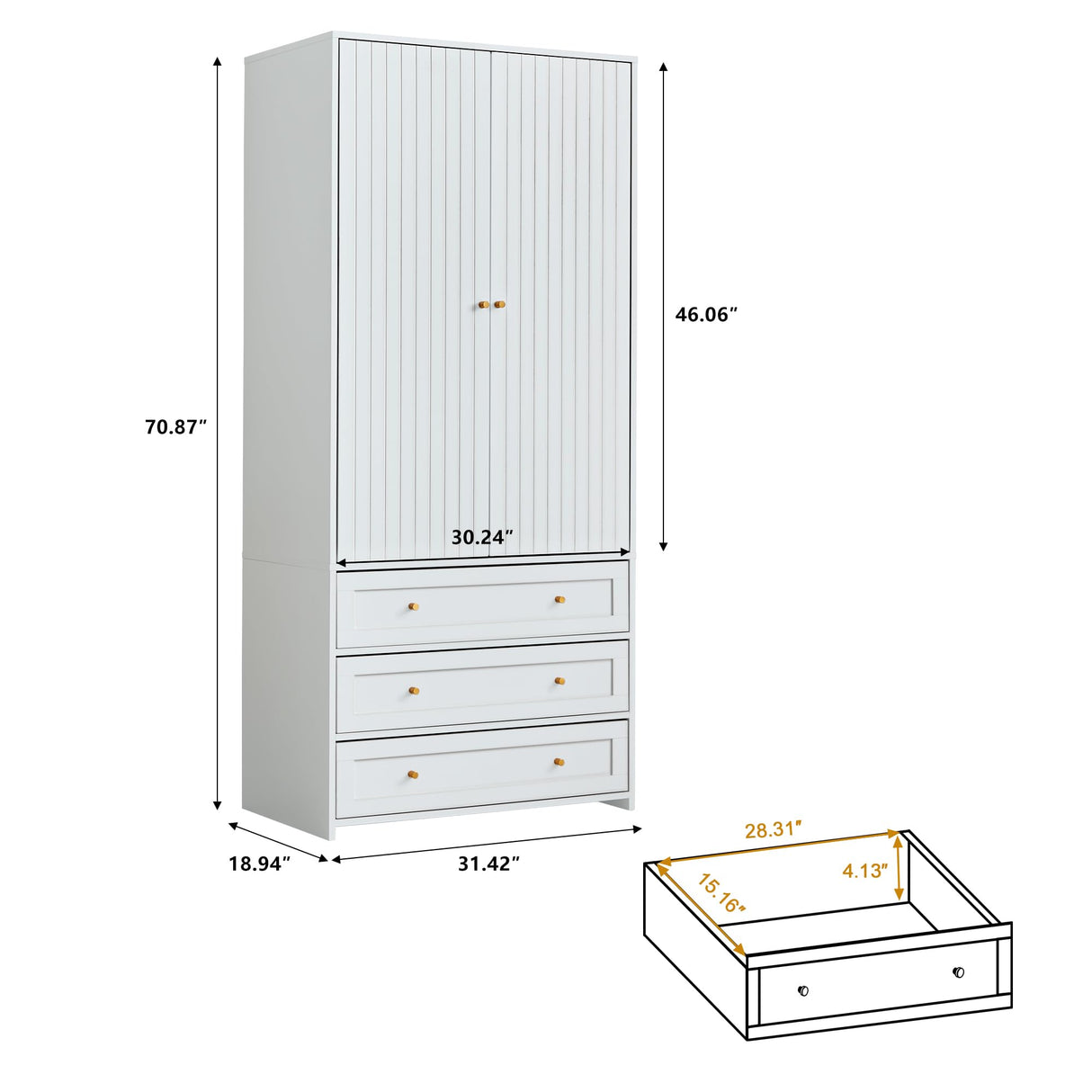 LEVNARY Wardrobe Armoire Closet, 2-Door Wardrobe Cabinet with 3-Drawer and Hanging Rod, Modern Bedroom Armoire Clothing Organizer Freestanding Closet (White) LEVNARY