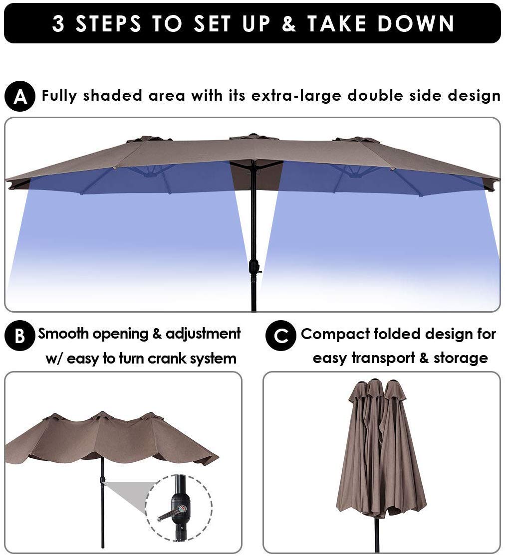 15x9 Ft Double Sided Outdoor Umbrella, Market Table Umbrella w/Crank, Patio Umbrella Extra Big for Beach/Poolside/Backyard/Campsite, Tan outdoor basic