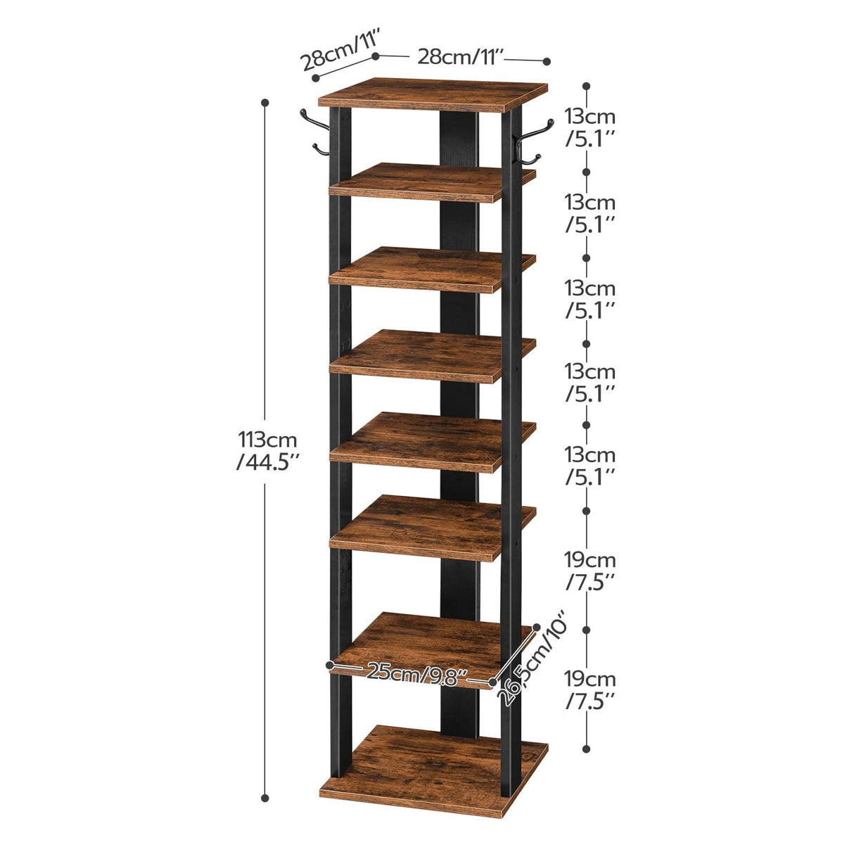 HOOBRO Vertical Shoe Rack, 8 Tier Wooden Shoe Storage Organizer with Hooks, Narrow Shoe Tower for 8 Pairs, Space Saving, for Entryway, Living Room, Bedroom, Rustic Brown BF07XJ01G1 HOOBRO
