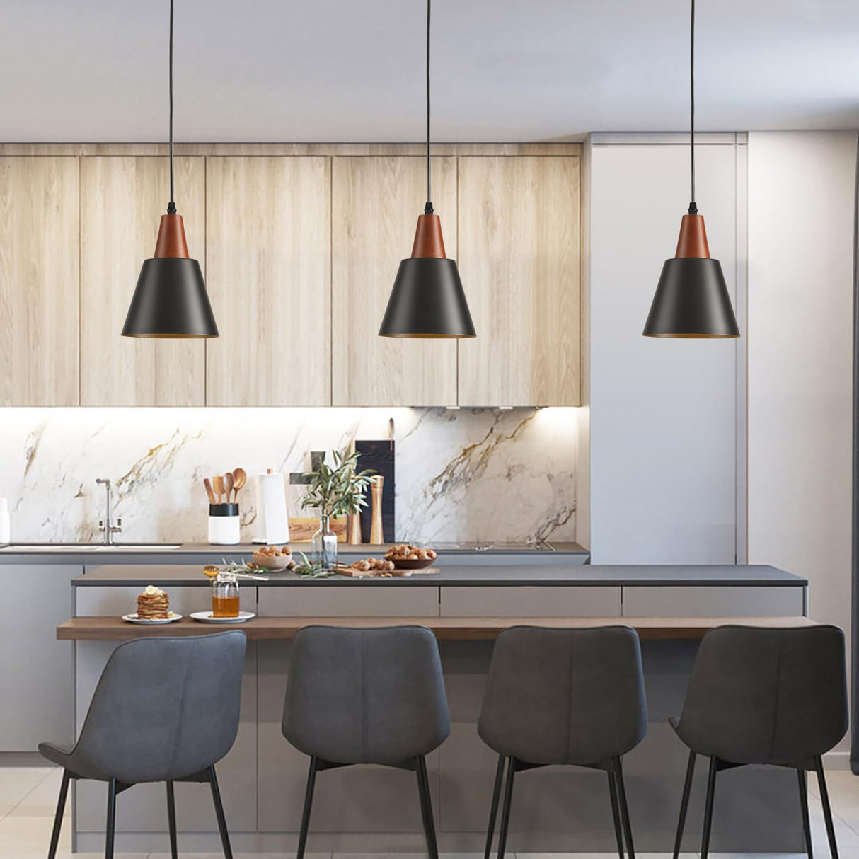 IHENGYANLT 2 Pack Pendant Lights, Black Pendant Lights Kitchen Island,Wood Dome Minimalist Industrial Ceiling Hanging Lights for Kitchen Island, Barn, Dining Room, Living Roo m, Bedroom IHENGYANLT